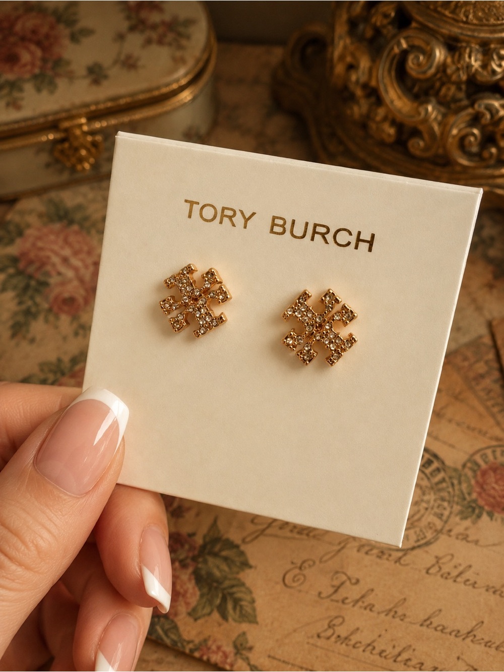 TORY BURCH • Rose Gold Crystal Logo Earrings - Picture 7 of 9